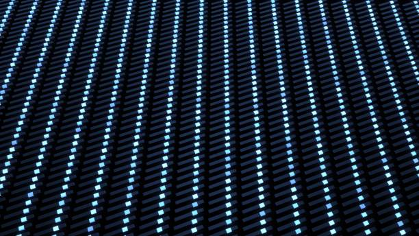 istock 3d render. Abstract background with blocks like plates, keys or sticks in a rows on plane like light bulbs, blue neon lights. 1359884259
