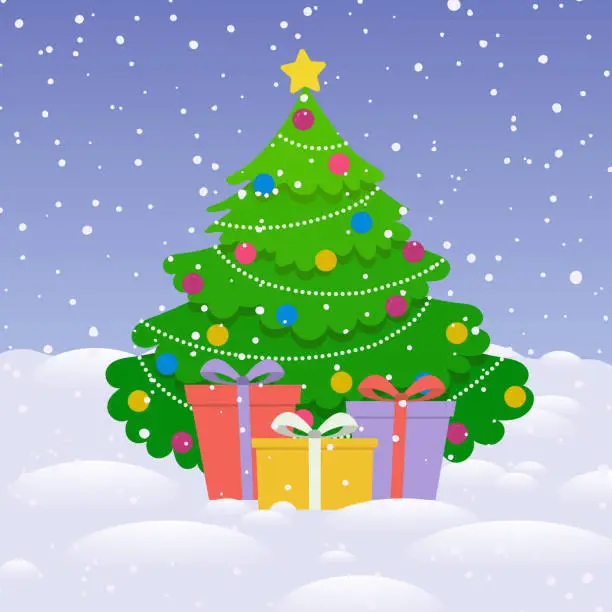 Vector illustration of Christmas and new year background. Christmas tree with gift boxes. Vector illustration