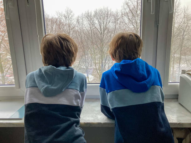 istock Two bored boys looking out the window 1359886188