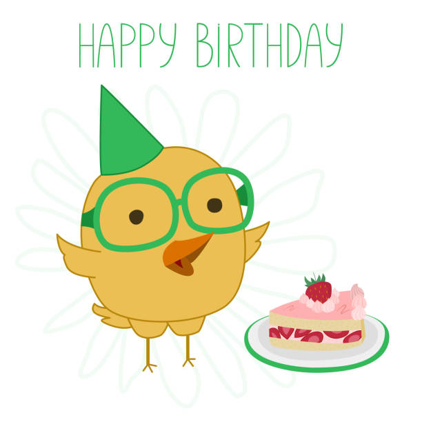 Creative birthday card. Vector illustration of a chicken wearing glasses, a birthday cap and with a piece of birthday cake. Greeting card with little chicken on a white background for printing Creative birthday card. Vector illustration of a chicken wearing glasses, a birthday cap and with a piece of birthday cake. Greeting card with little chicken birthday and invitation card animal background with chicken stock illustrations