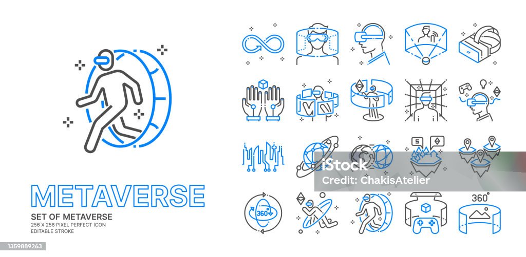 Metaverse blue line icon set with  VR, Virtual reality, Game, Futuristic Cyber and metaverse concept more, 256x256 pixel perfect icon vector, editable stroke. - Royalty-free Metaverse vectorkunst