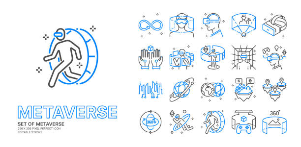 Metaverse blue line icon set with  VR, Virtual reality, Game, Futuristic Cyber and metaverse concept more, 256x256 pixel perfect icon vector, editable stroke. Metaverse blue line icon set with  VR, Virtual reality, Game, Futuristic Cyber and metaverse concept more, 256x256 pixel perfect icon vector, editable stroke eps10 meta description stock illustrations