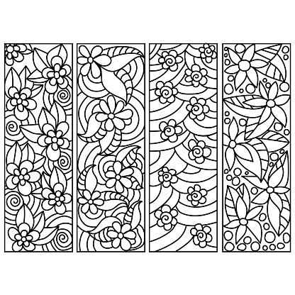 Set of bookmarks for coloring pages with floral motifs, ornate patterns with leaves and buds