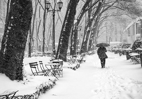 Pedestrian walking on Snow-Covered Streets of Bryant Park, Midtown Manhattan