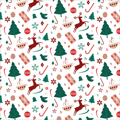 Festive Christmas seamless repeat vector pattern Illustration. Nordic Scandinavian theme with trees, reindeer, birds, stars, baubles, gifts, presents, candy cane, mugs and decorations.