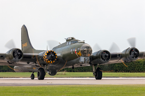 Lincolnshire, UK - July 5, 2014: Boeing B-17 Flying Fortress bomber aircraft “Sally B” (G-BEDF) taxiing at Waddington.