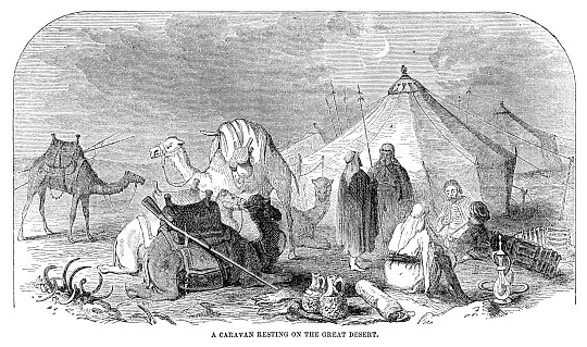 Caravan resting on the great desert engraving 1867