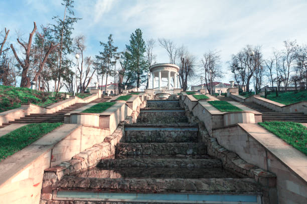 Staircase and fountain in the park . Gazebo on the top . Scara Cascadelor stairs in Valea Morilor park from Chisinau Moldova