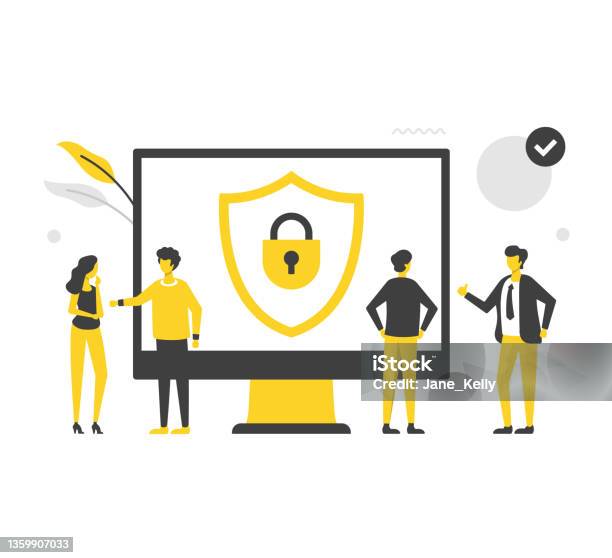 Secured Pc Graphics Computer Security Flat Vector Illustration People And Computer With ...