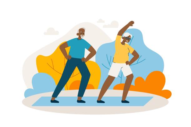 ilustrações, clipart, desenhos animados e ícones de casal de idosos negros felizes fazendo yoga - senior couple senior adult action retirement