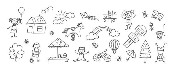 Funny kids and children playground. Swing, slide, teeter and sandbox in doodle style. Kid drawing of house, rainbow,tree. Hand drawn vector illustration on white background. Editable stroke Funny kids and children playground. Swing, slide, teeter and sandbox in doodle style. Kid drawing of house, rainbow,tree. Hand drawn vector illustration on white background. Editable stroke. hopscotch stock illustrations
