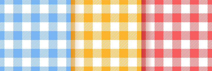 Gingham vichy seamless patterns. Checkered textures. Set of plaid backgrounds. Blue, red, yellow prints. Vector illustration. Retro flannel wallpaper. Cloth textile grid. Simple tablecloth backdrop