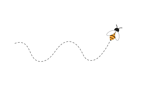 Flight of a bee or a wasp. Insect trajectory flight path with dotted line and loop in space. Bee path with noose, collecting nectar, honey or pollen, apiology science study concept.Vector illustration