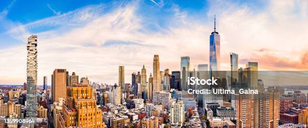 Aerial Panorama Of Lower Manhattan Skyline At Sunset Stock Photo - Download Image Now
