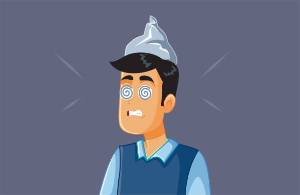 Shocked Man Believing Conspiracy Theory Vector Cartoon Young person in state of panic from fake news and misinformation tin foil hat stock illustrations