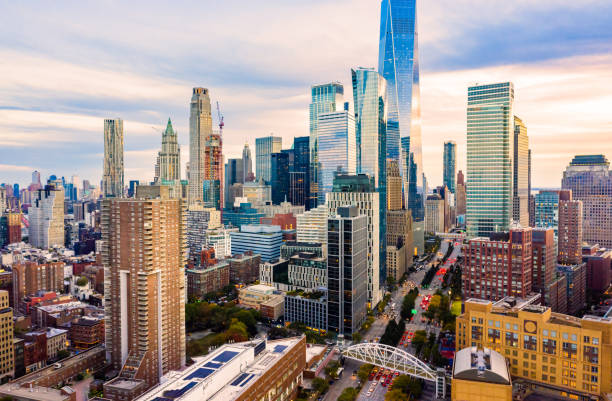 istock Aerial view of Lower Manhattan skyline at sunset 1359909184