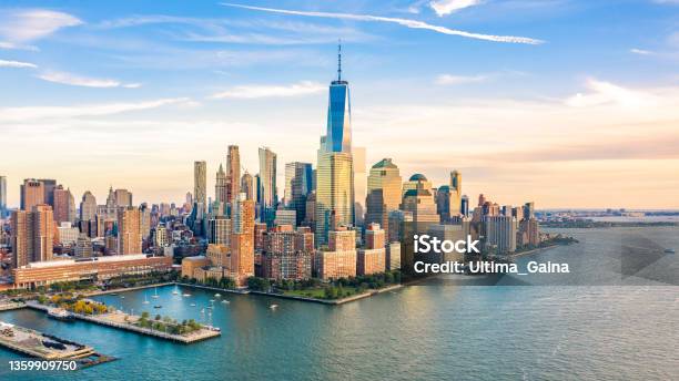 Aerial View Of Lower Manhattan Skyscrapers Stock Photo - Download Image Now - New York City, New York State, Hudson River