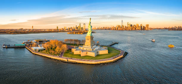 Aerial panorama of the Statue of Liberty stock photo
