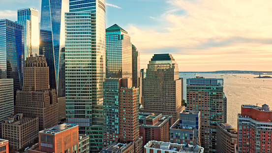 Aerial view with Lower Manhattan skyscrapers closeup at sunset view