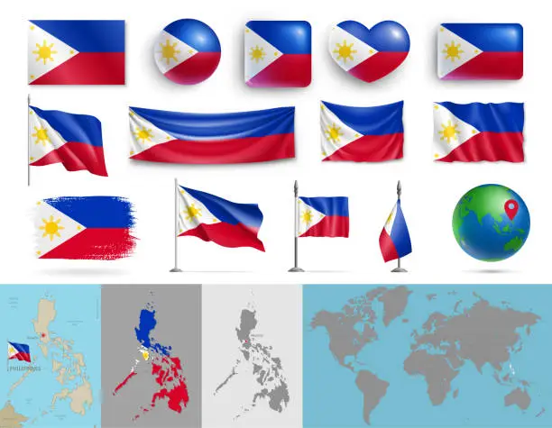 Vector illustration of Philippines flags of various shapes and geographic map set