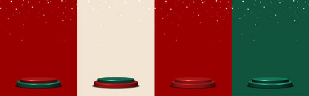 ilustrações de stock, clip art, desenhos animados e ícones de podium stage vector set. christmas scene empty studio for product display. red, brown, green background. vector illustration. - abstract backdrop backgrounds christmas