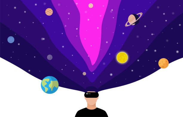 VR and Metaverse Concepts, man wearing VR glasses and playing VR and Metaverse Concepts, man wearing VR glasses and playing. Solar System with Planets metaverse stock illustrations