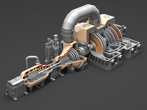 Steam turbine generator. Axle with impeller. A quarter of the hull has been removed. Condensing turbine. 3d render