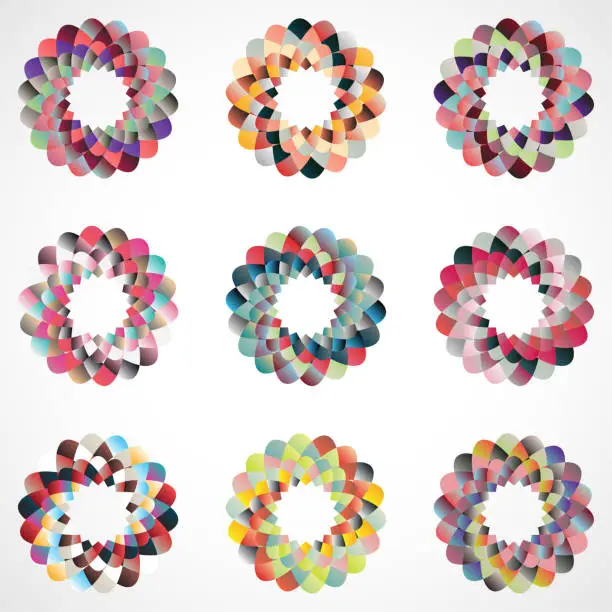 Vector illustration of colorful mosaic ring mandala icon set