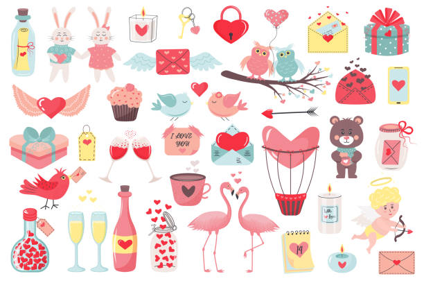 ilustraciones, imágenes clip art, dibujos animados e iconos de stock de los símbolos de amor del día de san valentín son un gran conjunto. kit de iconos de amor. - heart shape wing red vector