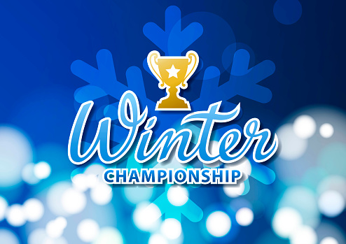 Champion trophy symbol and calligraphy for the winter outdoor competition on the blue background with white spot lit and snowflakes
