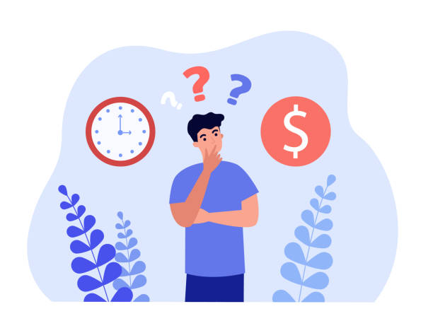ilustrações de stock, clip art, desenhos animados e ícones de man making choice between money and time - time and money