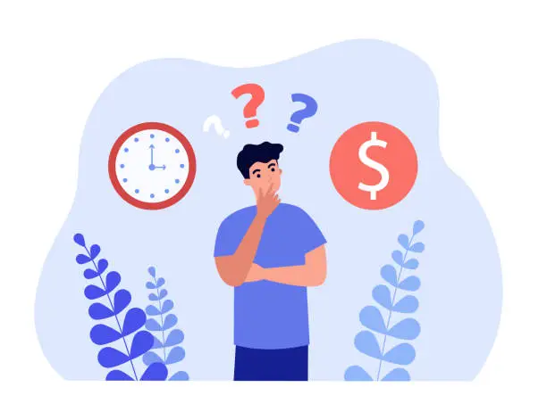 Vector illustration of Man making choice between money and time