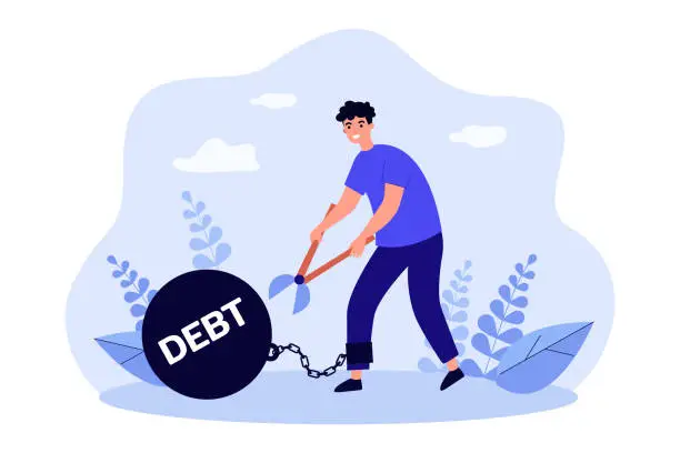 Vector illustration of Man breaking long chain of debt burden ball