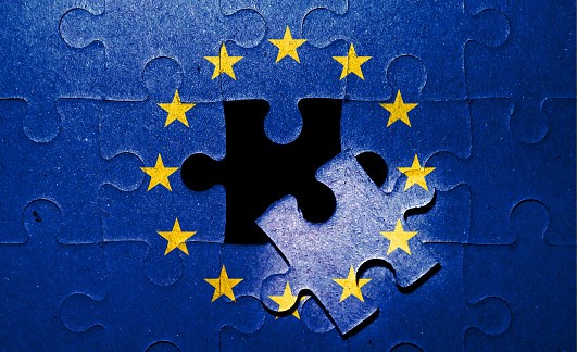 European Union flag. Creative puzzle hologram. Missing piece of puzzle concept