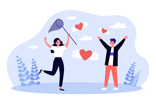 Couple of hunters chasing red hearts with butterfly net. Man and woman looking for love and relationship flat vector illustration. Valentines day concept for banner, website design or landing web page