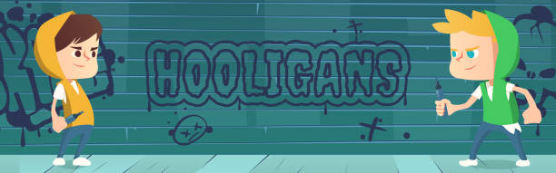 ilustraciones, imágenes clip art, dibujos animados e iconos de stock de hooligans dibujando graffiti en la pared, vandalismo - hood graffiti urban scene men