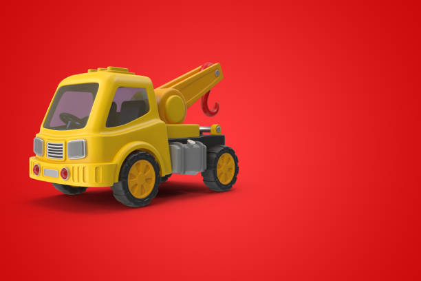 3d renderizando brinquedo de guindaste amarelo em um fundo vermelho isolado - pick up truck truck toy figurine - fotografias e filmes do acervo