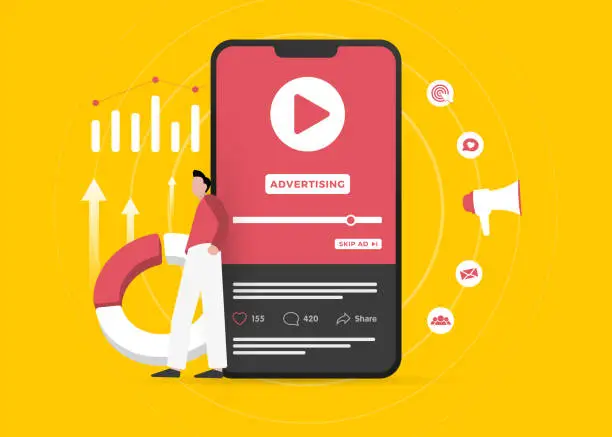 Vector illustration of Video Advertising business concept. Online native targeting programmatic advertising marketing strategy. Inbound digital marketing business promotion with online broadcasting, streaming video content