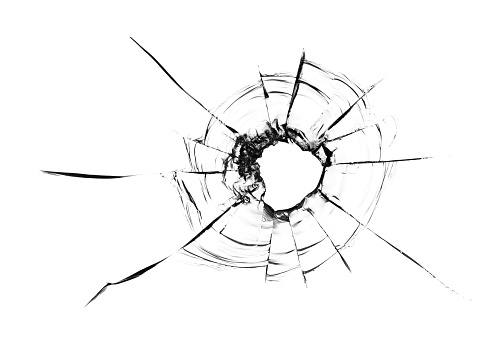 Collage of cracks in the glass, a hole from bullets in the glass on a white background. Window glass texture.