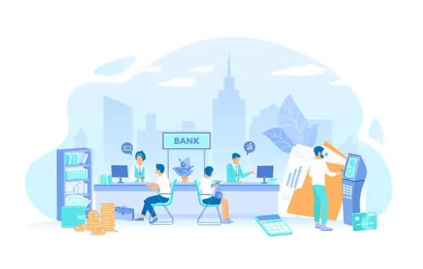 Vector illustration of Bank office interior, finance managers and clients. Man with a credit card near an ATM. Banking Financial services. Money exchange, transfer, payment, accounts operation Vector illustration flat style