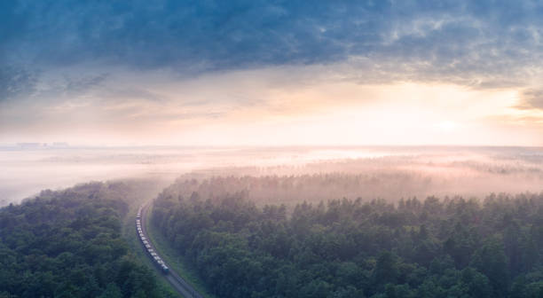 istock Dawn over the forest through which the railway line runs. 1359944753