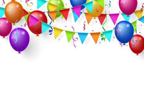 Balloons, confetti and streamers on white background. Greeting card.
