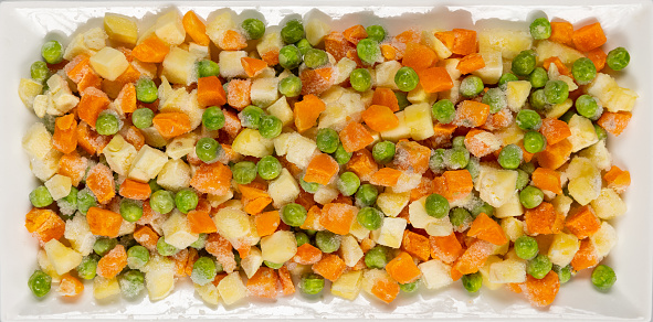 Potato, carrot, green pea, corn garniture frozen.