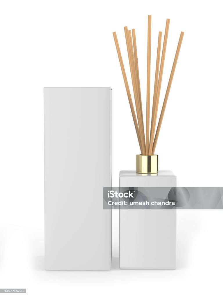 Blank Reed Diffuser Aroma Stick Fragrance Scent Perfume cube Bottle with Paper Box Packaging For Template. Blank Reed Diffuser Aroma Stick Fragrance Scent Perfume cube Bottle with Paper Box Packaging For Template. 3d render illustration. Aromatherapy Diffuser Stock Photo
