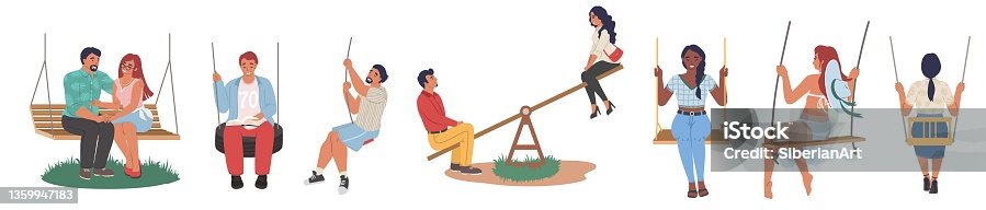 istock Happy adults, male female characters swinging on playground swings, vector isolated illustration. Summer outdoor leisure 1359947183
