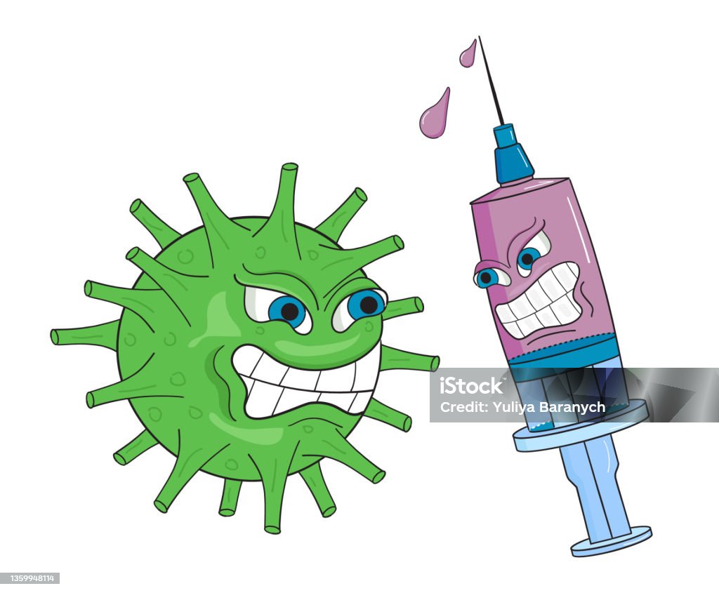 Coronavirus vaccination vector. artoon syringe with a vaccine and the covid virus. - Royalty-free Banda desenhada - Produto Artístico arte vetorial