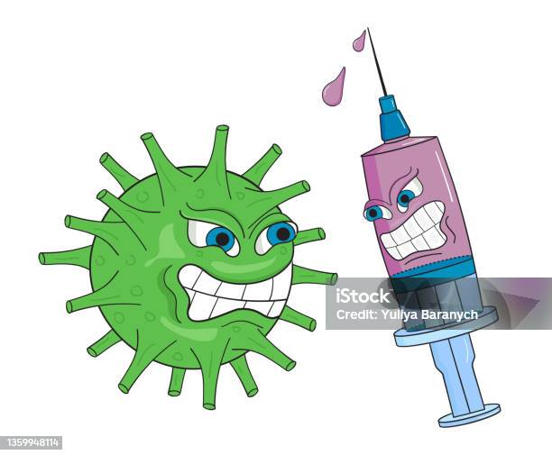 Coronavirus Vaccination Vector Artoon Syringe With A Vaccine And The Covid Virus - Arte vetorial de stock e mais imagens de Banda desenhada - Produto Artístico