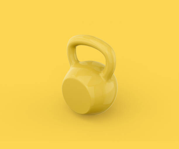 istock Yellow kettlebell on a yellow background. Minimalistic design object. 3d rendering. 1359951100