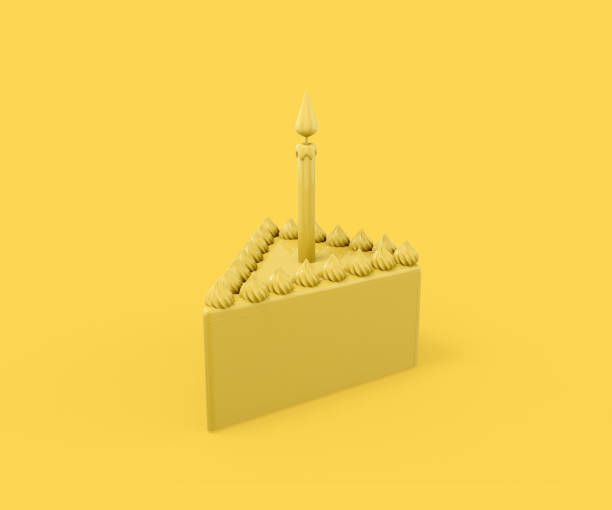 istock Yellow triangular piece of cake with a festive candle on a yellow background. Minimalistic design object. 3d rendering. 1359951271