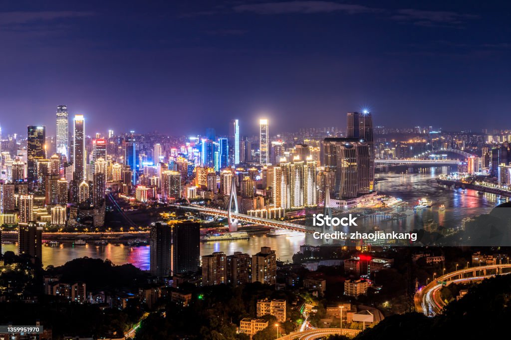 Panoramic skyline and modern buildings in Chongqing at night Panoramic skyline and modern commercial buildings in Chongqing at night, China. Chongqing Stock Photo